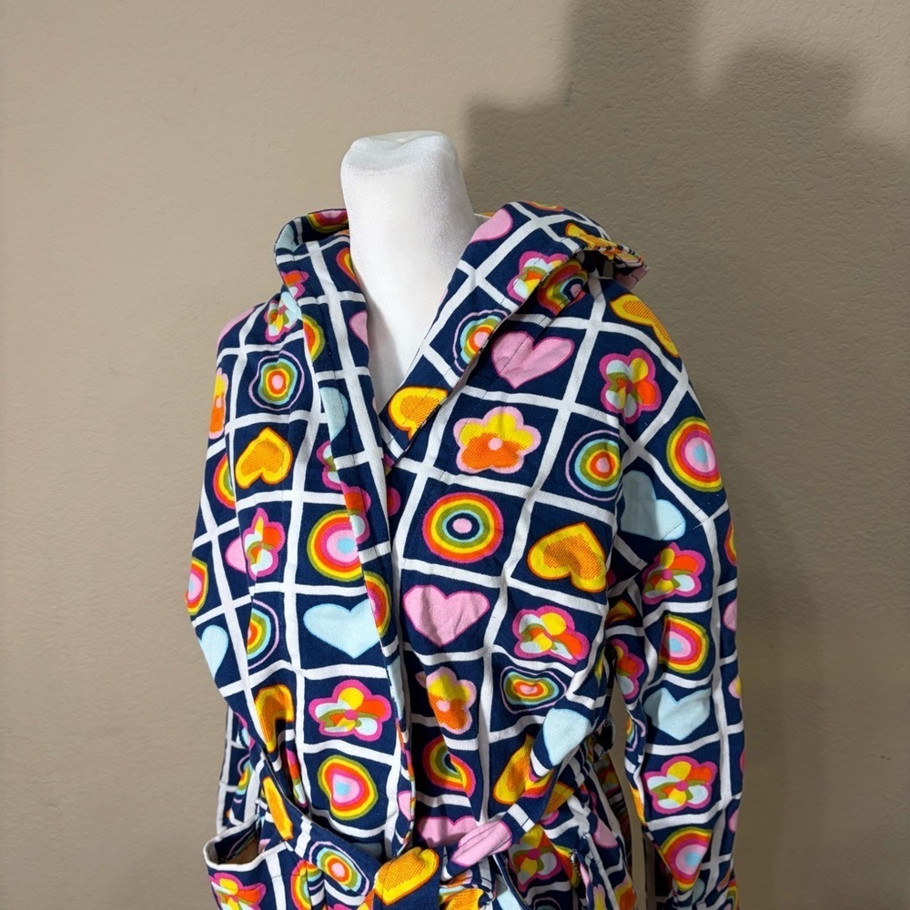 Vtg Aegean Apparel Robe Multicolor Heart Florals Terrycloth Cotton Belted Retro - Picture 2 of 16